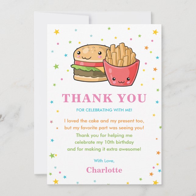 Kawaii Cute Fast Food Burger Party Girl Birthday Thank You Card (Front)