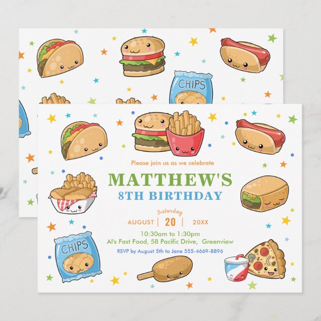 Kawaii Cute Fast Food Party Boy Birthday Invitation (Front/Back)