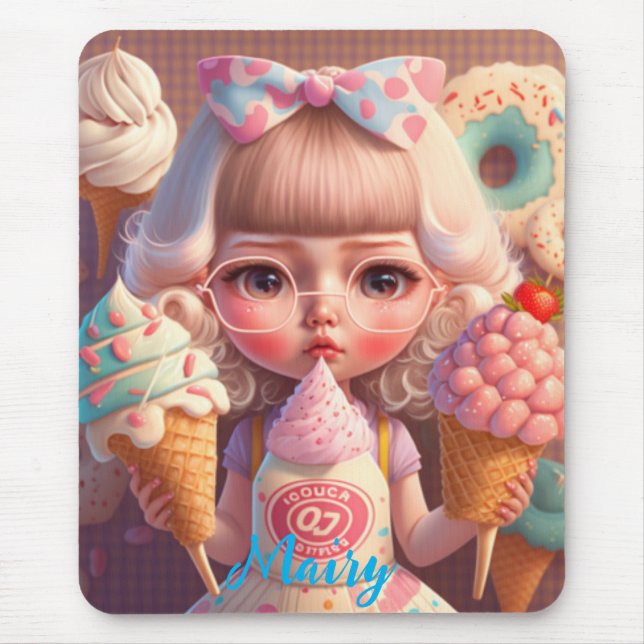 Kawaii cute girl with ice creams        mouse mat (Front)