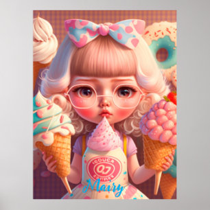 Kawaii cute girl with ice creams  poster