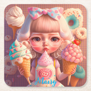 Kawaii cute girl with ice creams  square paper coaster