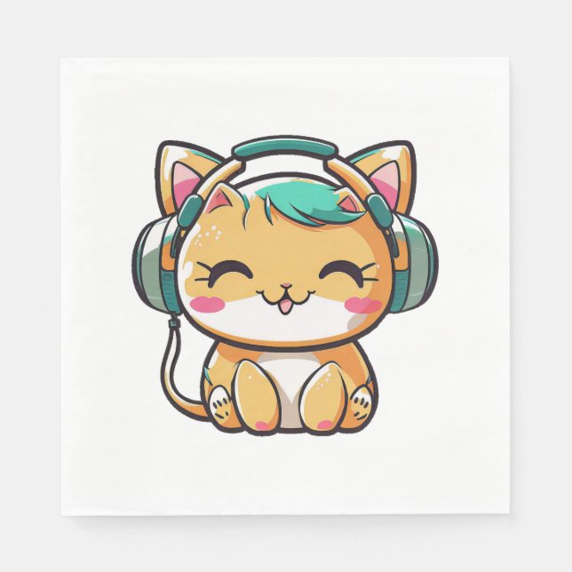 Kawaii Cute Happy Colourful Cat with Headphones Napkin (Front)