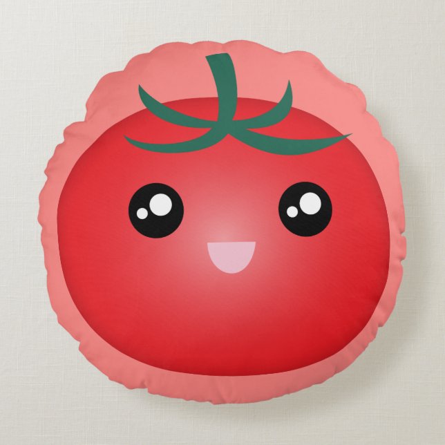 Kawaii Cute Happy Face Tomato Cartoon Round Cushion (Front)