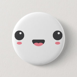 Kawaii, cute happy face, white 6 cm round badge