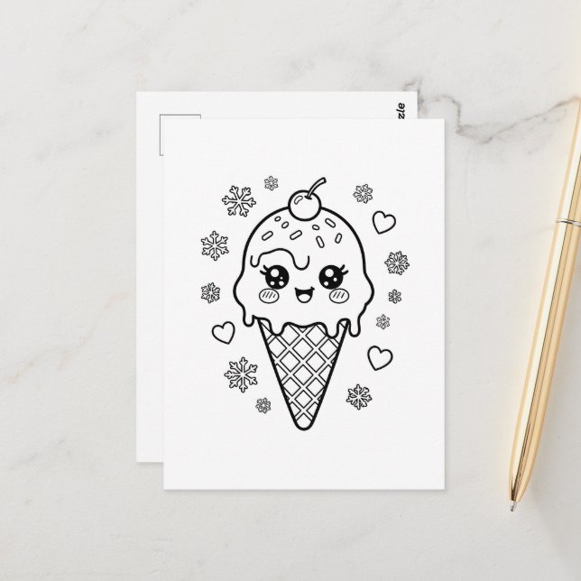 Kawaii cute ice cream cone colouring postcard (Front/Back In Situ)