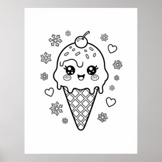 Kawaii cute ice cream cone colouring poster