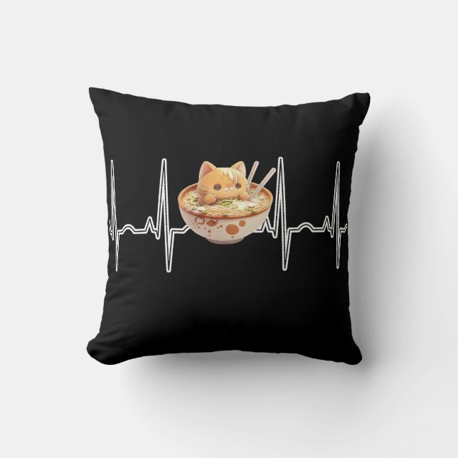 Kawaii Cute Kitten Ramen EKG Heartbeat Otaku Anime Cushion (Front)