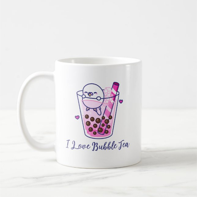 Kawaii Cute Pastel Pink Budgie Boba Bubble Tea Coffee Mug (Left)