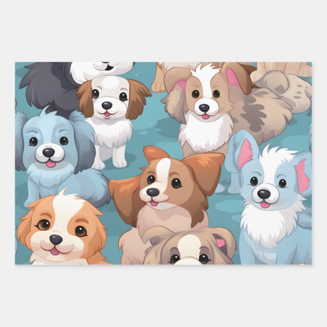 Kawaii Cute Puppies Wrapping Paper Sheet (Front)