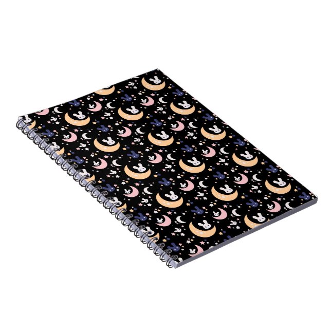 Kawaii Cute Rabbit, Moon and Stars Pattern - Black Notebook (Right Side)