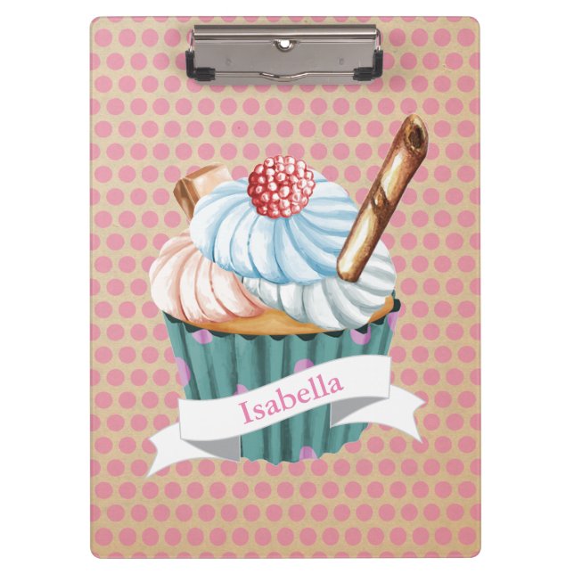 Kawaii cute retro style cupcake and polka dots clipboard (Front)