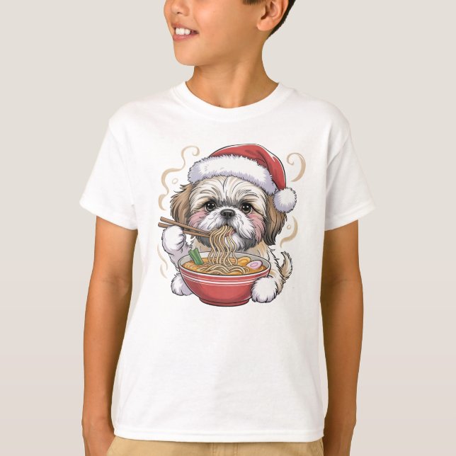 Kawaii Cute Santa Shih Tzu Eating Ramen T-Shirt (Front)