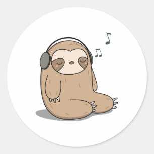 Kawaii Cute Sloth Listening To Music  Classic Round Sticker