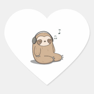Kawaii Cute Sloth Listening To Music  Heart Sticker