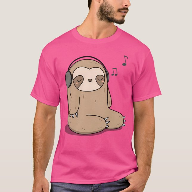 Kawaii Cute Sloth Listening To Music T-Shirt (Front)