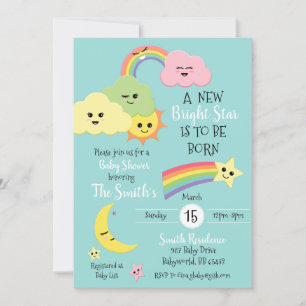 Kawaii Cute Star Moon Gender Neutral Baby Shower Invitation