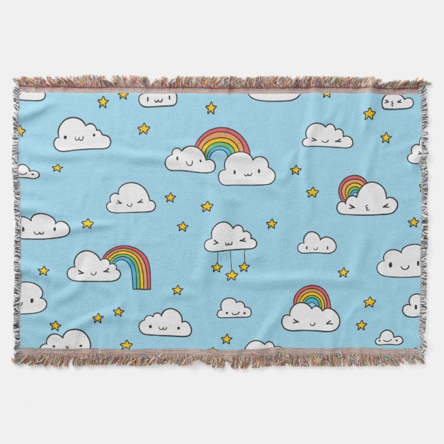 Kawaii Cute Stars Clouds and Rainbows Throw Blanket (Front)