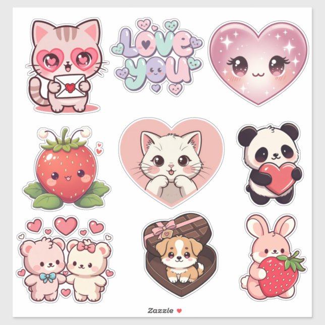 Kawaii Cute Sticker Set – Emojis, Cats, Bears, Hea (Sheet)