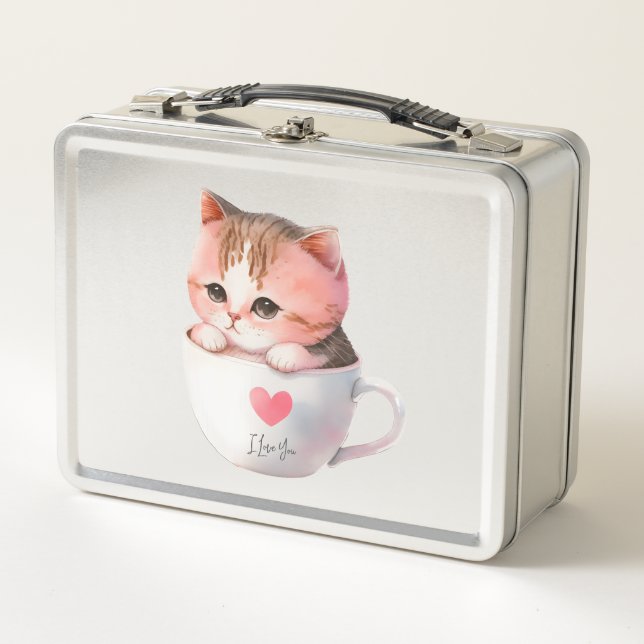 Kawaii Cute Striped Pink Chibi Cat Metal Lunch Box (Front)