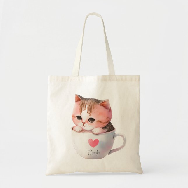 Kawaii Cute Striped Pink Chibi Cat Tote Bag (Front)
