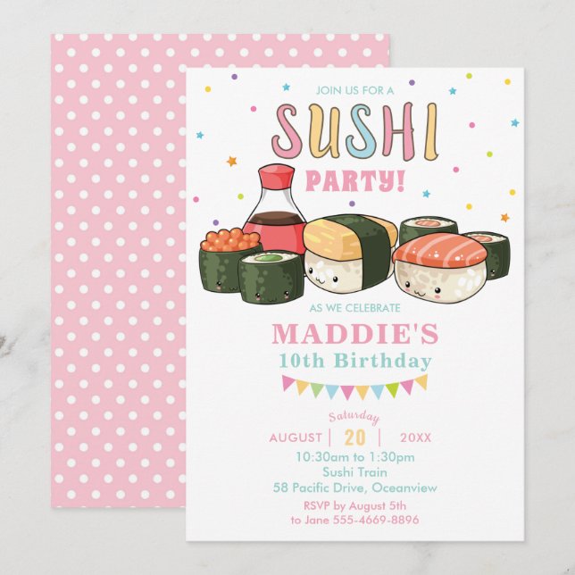 Kawaii Cute Sushi Party Pastel Girl Birthday Invitation (Front/Back)