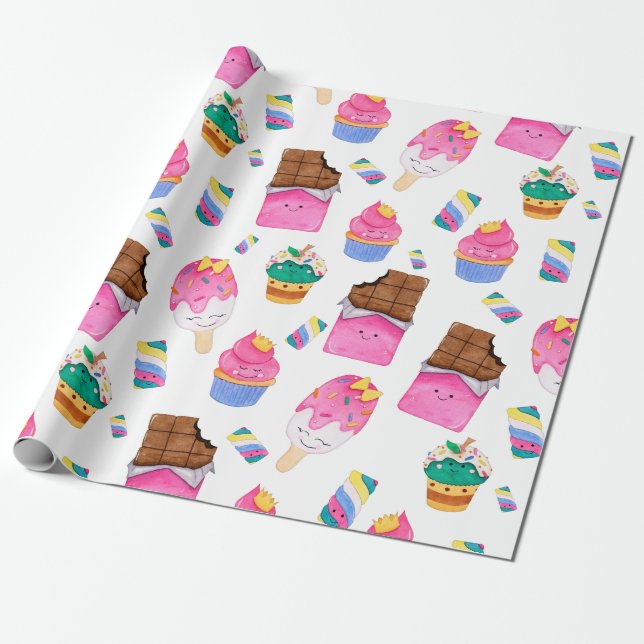 Kawaii Cute Watercolor Pastel Candy Sweets Kids Wrapping Paper (Unrolled)