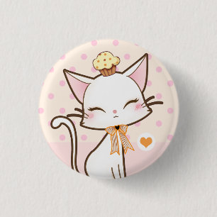 Kawaii cute white cat with cupcake 3 cm round badge