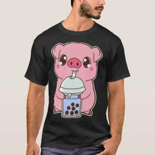 Kawaii Cute Zodiac Boba Pig Blue Bubble Pearl Milk T-Shirt