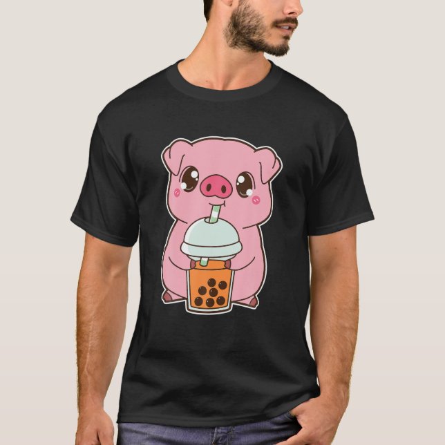 Kawaii Cute Zodiac Boba Pig Thai Iced Bubble Pearl T-Shirt (Front)