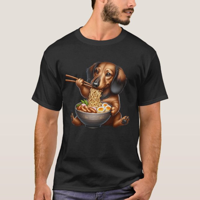 Kawaii Dachshund Eating Ramen Noodle Anime T-Shirt (Front)