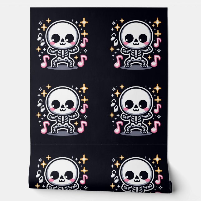 Kawaii Dancing Skeleton Halloween Cute Spooky Home Wallpaper (Unrolling)