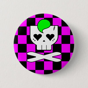 KAWAII DEATHROCK SKULL CHECKERBOARD PINK 6 CM ROUND BADGE
