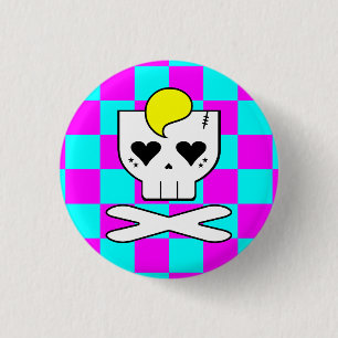 KAWAII DEATHROCK SKULL CHECKERBOARD PINK TEAL 3 CM ROUND BADGE