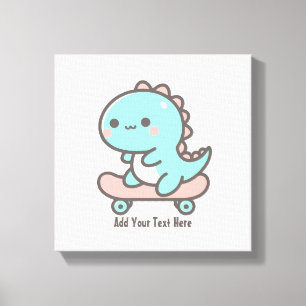 Kawaii Dino on Skateboard Personalised Text  Canvas Print