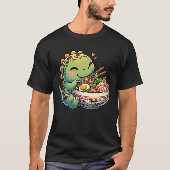 Kawaii Dinosaur Eating Ramen Noodle Anime T-Shirt (Front)