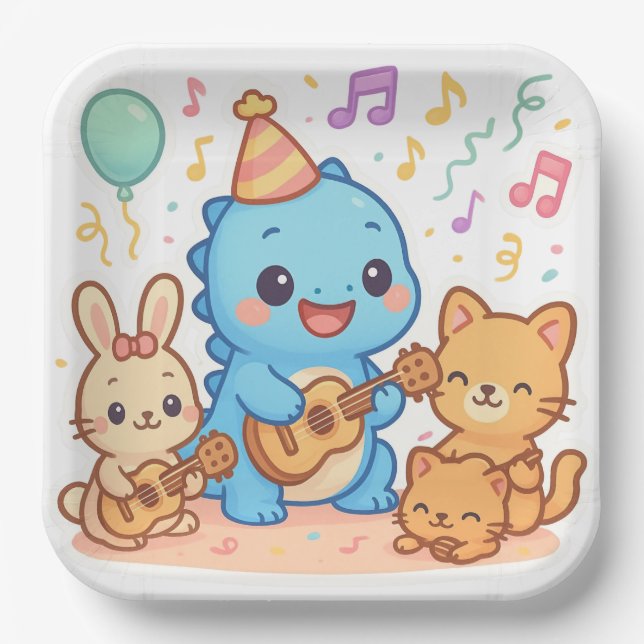 Kawaii Dinosaur Kids Party Design – Cute Dino Paper Plate (Front)