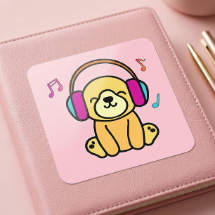 Kawaii Dog Puppy Smiling with Colourful Headphones Square Sticker