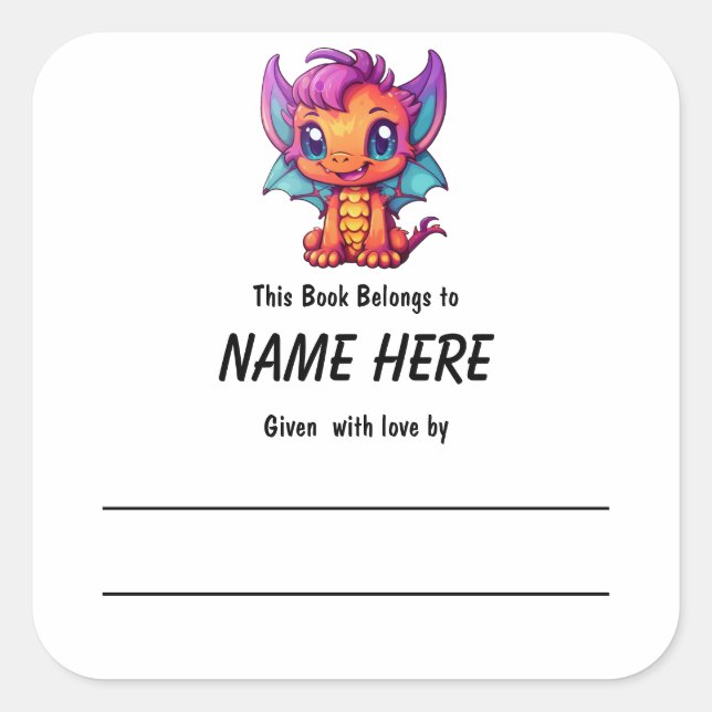 Kawaii Dragon Children's Bookplate With Message Square Sticker (Front)