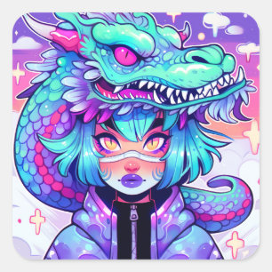 Kawaii Dragon Headdress Girl in Vaporwave Skies Square Sticker
