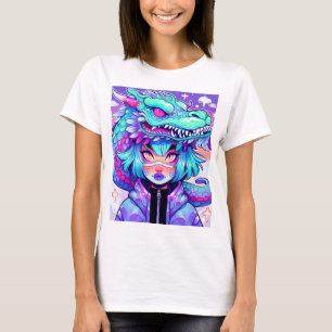 Kawaii Dragon Headdress Girl in Vaporwave Skies T-Shirt