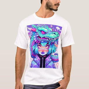 Kawaii Dragon Headdress Girl in Vaporwave Skies T-Shirt