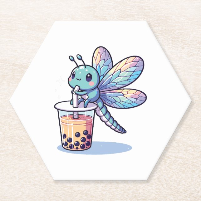Kawaii Dragonflies Bubble Tea Boba Dragonfly Paper Coaster (Front)