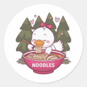 Kawaii duck eating ramen classic round sticker