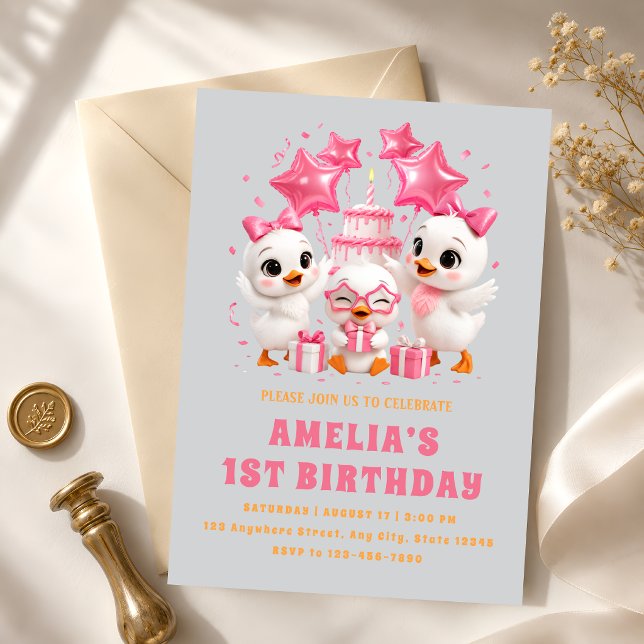 Kawaii Ducklings First Birthday Celebration Invitation (Creator Uploaded)