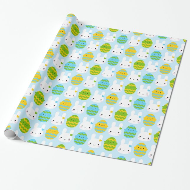 Kawaii Easter Bunny & Eggs Wrapping Paper (Unrolled)