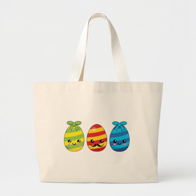 Kawaii Easter Eggs with Ribbons Large Tote Bag (Front)