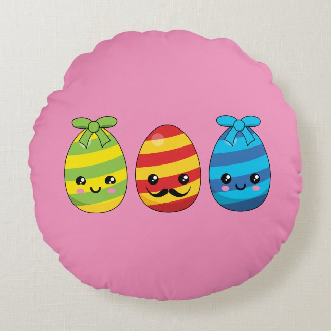 Kawaii Easter Eggs with Ribbons Round Cushion (Front)