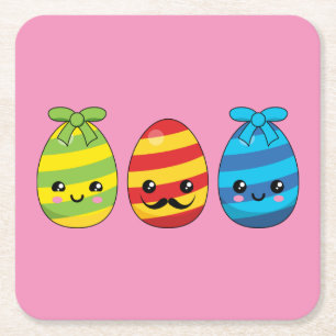 Kawaii Easter Eggs with Ribbons Square Paper Coaster
