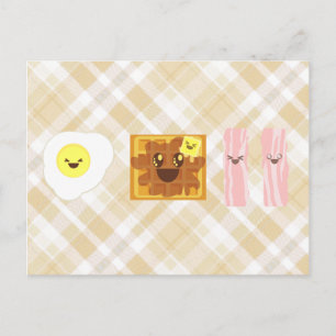 kawaii eggs waffle bacon breakfast postcard