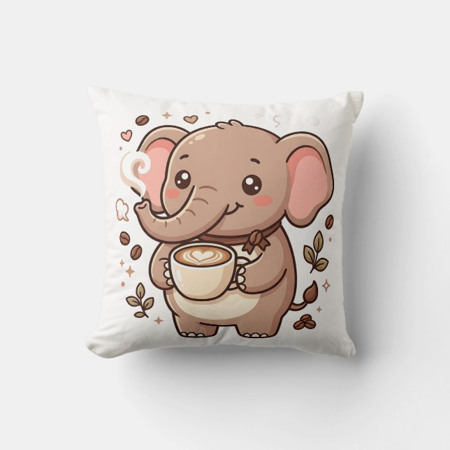 Kawaii Elephant Coffee Throw Pillow (Front)